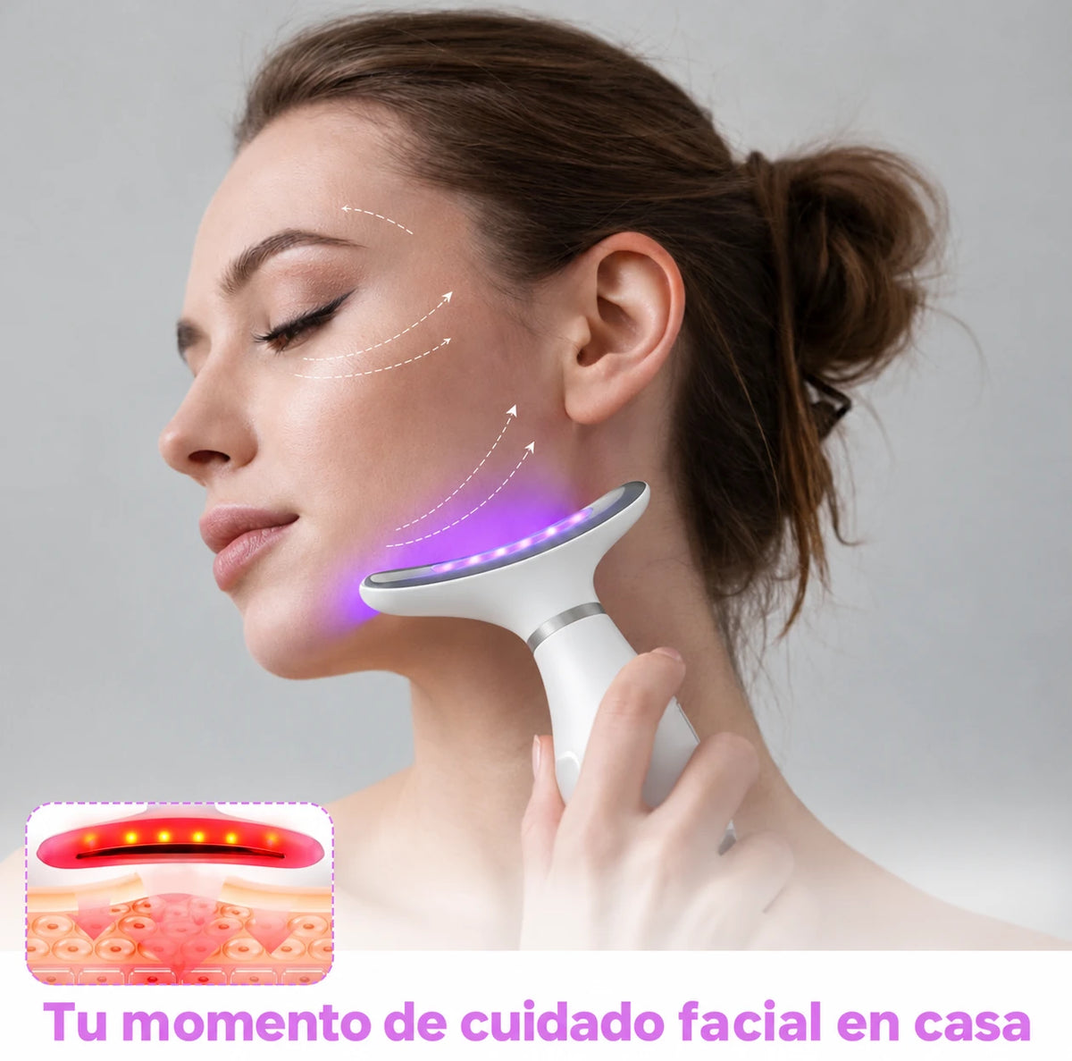 Masajeador facial y de cuello LED en uso sobre el cuello
