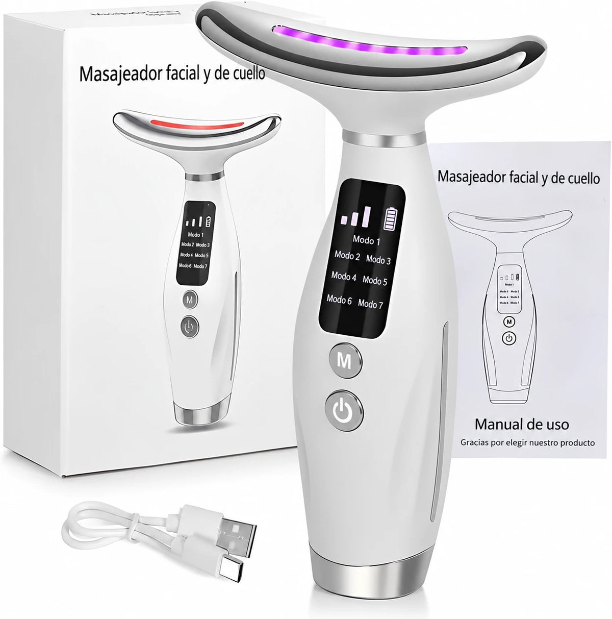 Masajeador facial y de cuello con caja, cable USB y manual