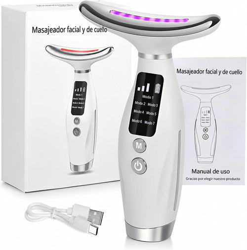 Masajeador facial y de cuello con caja, cable USB y manual