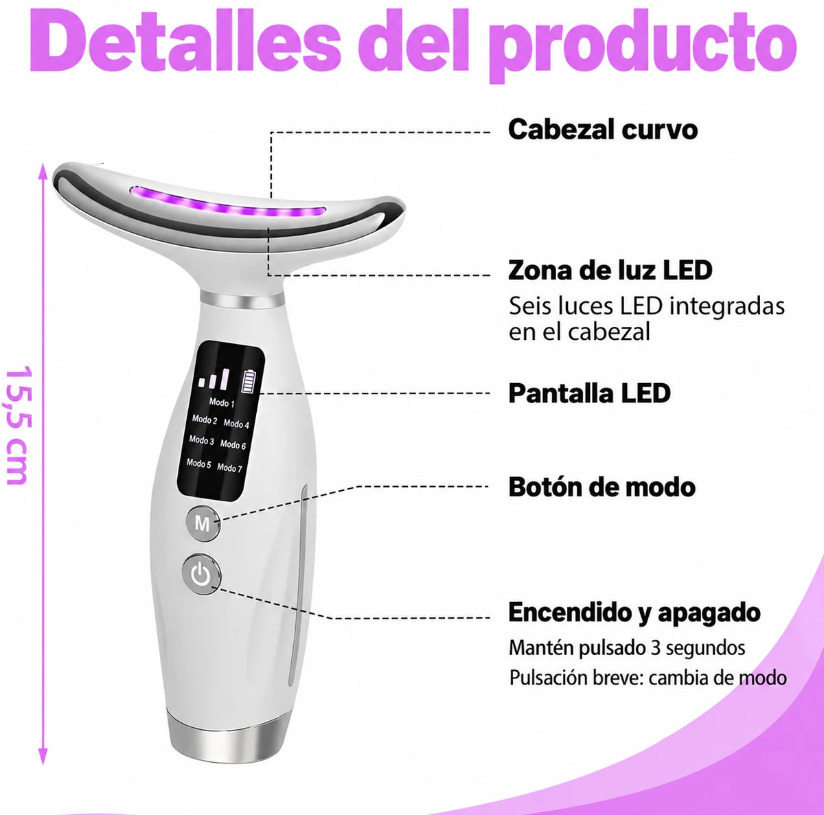 Detalles del producto: cabezal curvo, luz LED, pantalla y botones